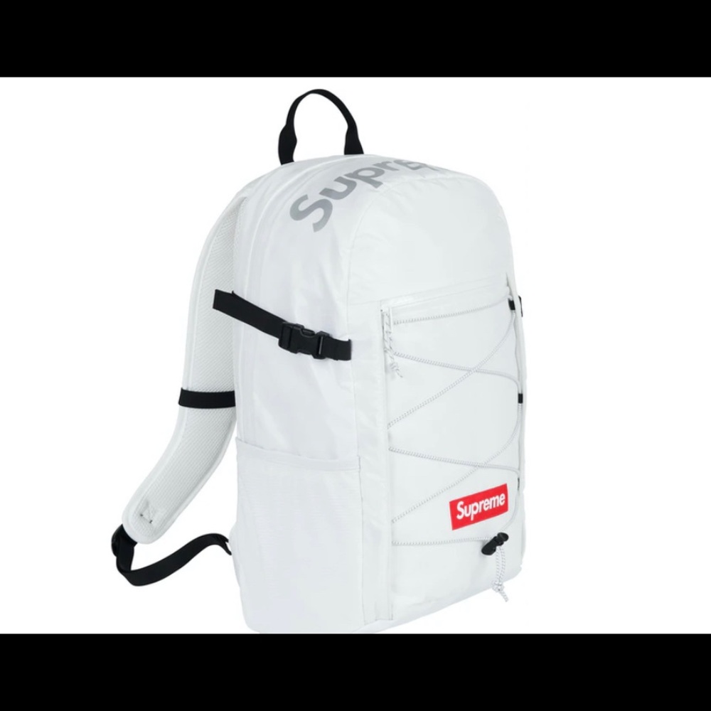 new never used supreme white original box logo backpack with reflective supreme